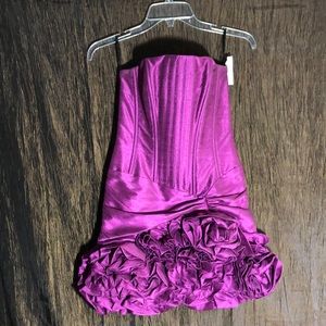 Jessica McClintock Strapless Magenta Satin Mini Dress with Rosette Hem